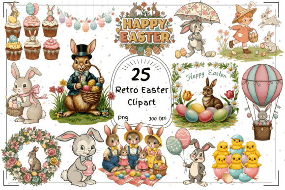 25 Retro Easter Clipart: Vintage Bunny Charm for Crafts
