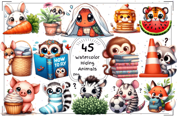 45 Whimsical Watercolor Hiding Animals: A Clipart Collection