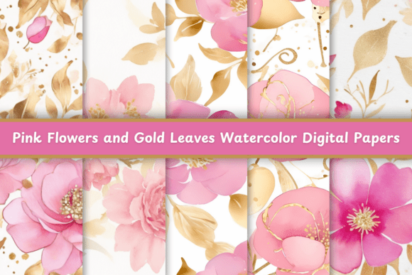 Elevate Your Projects with Pink Flowers and Gold Leaves Watercolor
