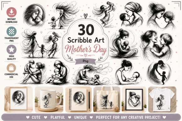 Scribble Art Mother's Day Clipart: Elegance in Every Line
