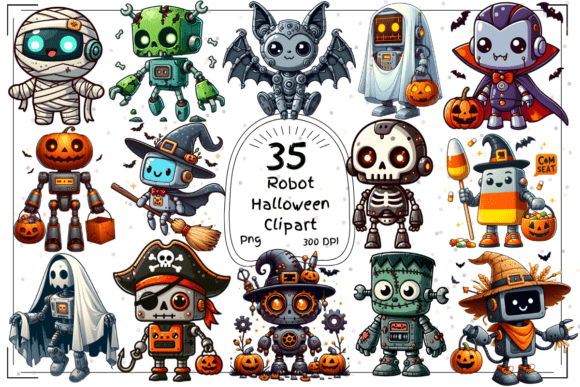 SpookBot Squad: 35 Halloween Robot Clipart for Modern Designs